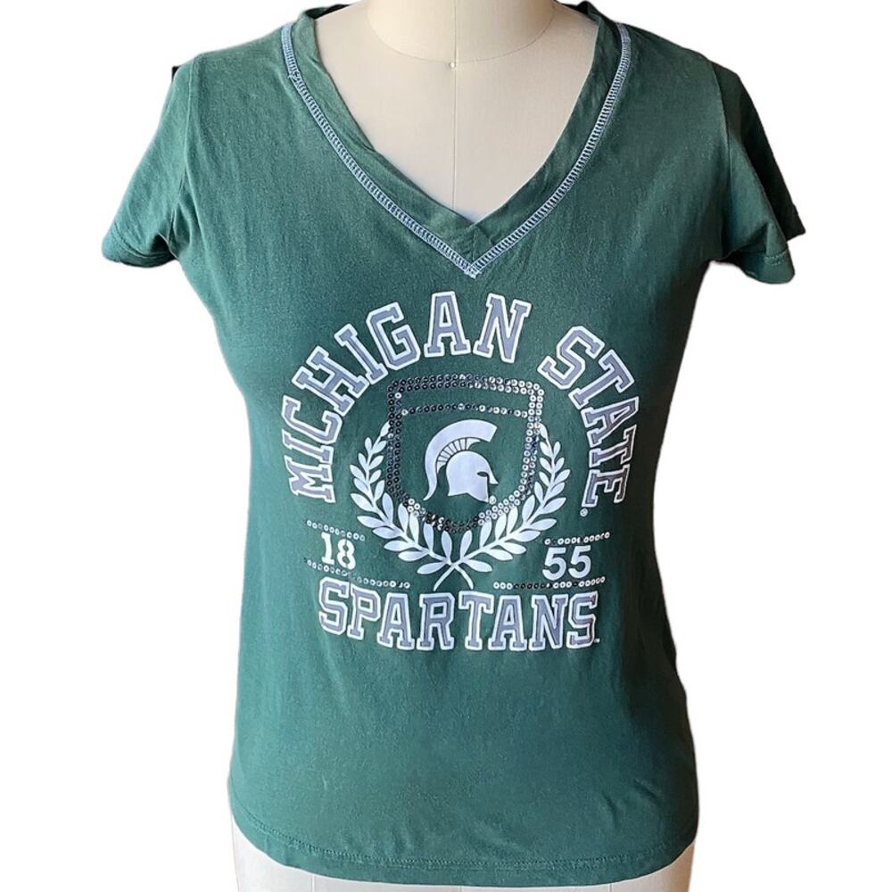 MSU SPARTANS Sequined Short Sleeve Michigan State T-Shirt ~ Women's MEDIUM